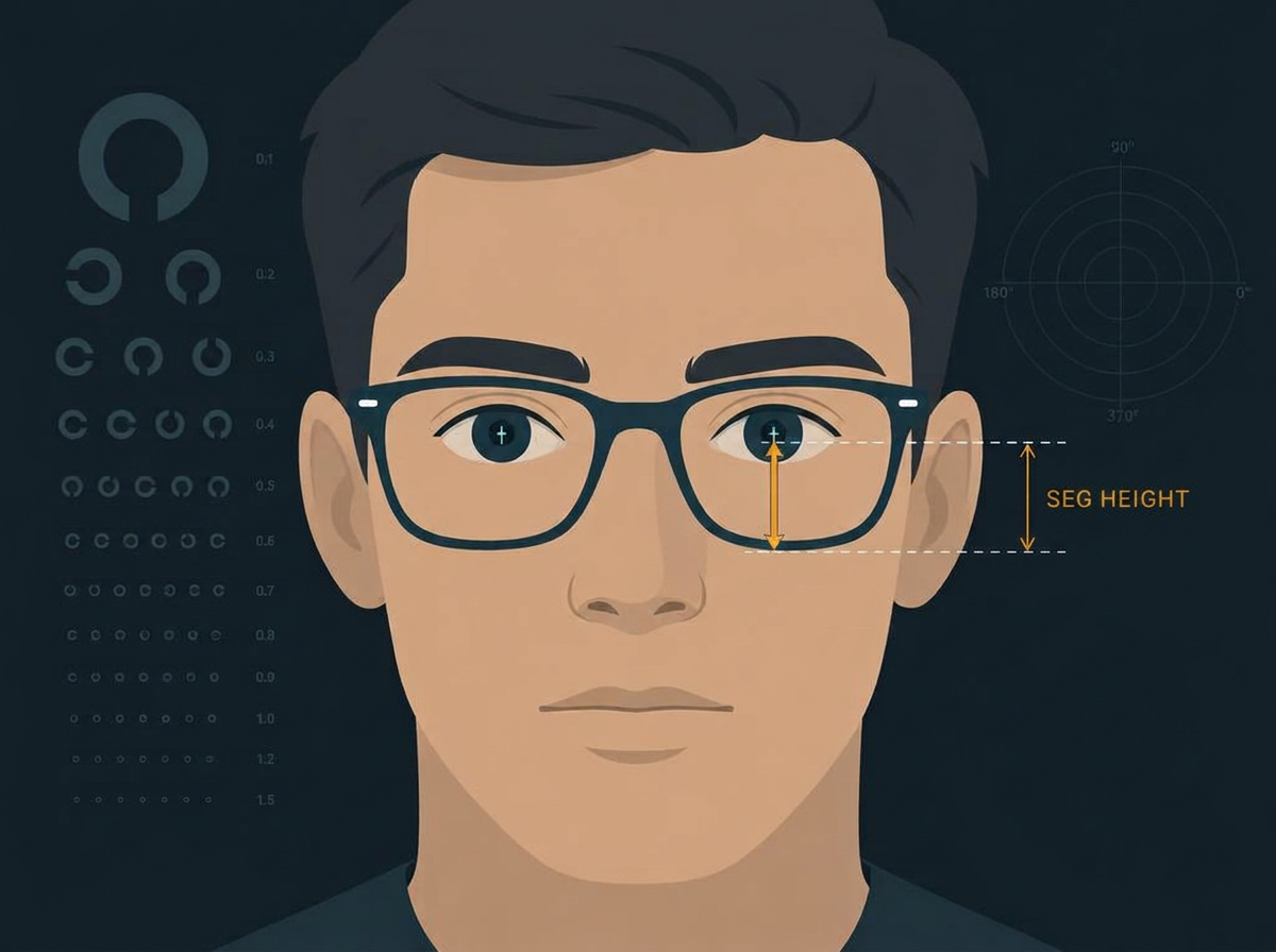 Diagram of a face wearing glasses with a vertical arrow measuring seg height from the pupil centre down to the bottom rim of the lens